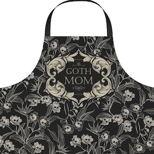 Goth Mom Apron. A gothic floral skull flower print pinafore for the spooky tiki mama. A deadly beautiful halloween gift for the witchy baker