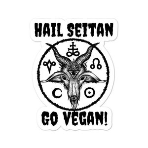 Hail Seitan sticker. Funny vegan satanic bumper sticker. Black metal vegetarian gift. Baphomet pentagram decal. Vegan humor witch gift satan