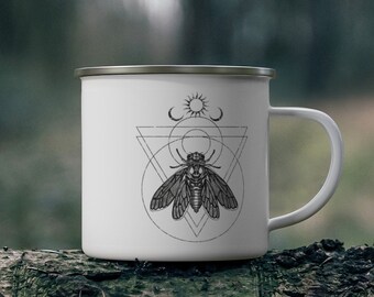 Cicada Camping Mug, Witchy enamel mug, Occult cicada outdoor coffee cup, Goth insect teacup, Pagan moth gift, Sacred geometry camping gear