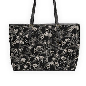 Gothic Floral Handbag, Roomy vegan PU leather purse w/ spooky tiki skull flower print. A great deadly tropical gift for witchy goth mom