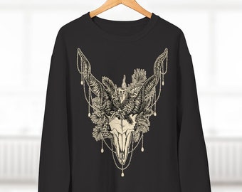 Yule Goat Sweatshirt, Pagan holiday winter solstice ritual skull sweater, Witchy goth christmas shirt,occult metalhead long sleeve xmas top
