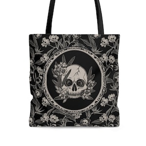 Bolso de mano con calavera floral gótica, bolso de hombro reutilizable o cartera con huesos de bruja y botánica con esqueleto de adelfa venenosa gótica elegante y espeluznante