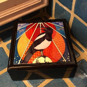 Magpie Jewelry Box, Occult esoteric raven keepsake box, witchy watercolor magpie ceramic box,Tarot goth bird home decor colorful wooden gift