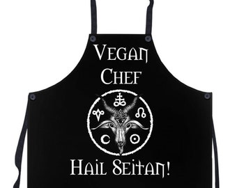 Hail Seitan Apron. Funny Vegan Chef Gift. Baphomet Satanic Kitchenware, Witchy Chef Wear, Black Metal Satan Home Cook Gift Occult Vegetarian