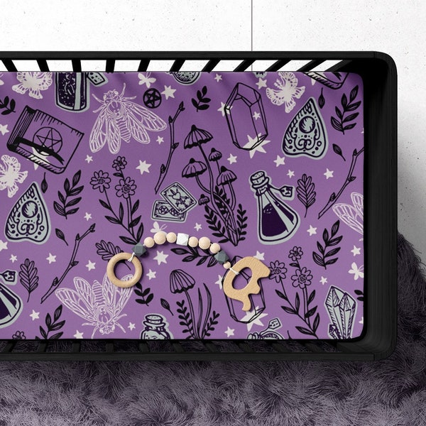 Esoteric witch crib sheets, Magick goth cicada & crystal infant cot bedding in purple, A witchy accent to nursery decor for spooky baby bat