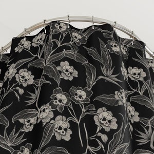 Goth Floral Shower Curtain, Spooky skull flower bath curtain, Gothic tiki bathroom decor,Witchy botanical bones home accent,Deadly beautiful image 2