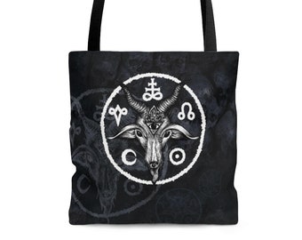 Occult Tote Bag. Satanic Baphomet purse. Black metal wiccan travel bag. Demonic witch goth shopping tote. Stylish gothic lined skull purse