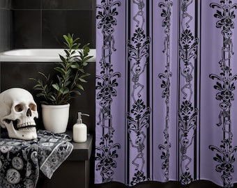 Tanzender Skelett Duschvorhang, Barock Pastel Goth Badezimmer Dekor in Schwarz & Lila Lila, stimmungsvoller maximaler Akzent für Gothic Vibes