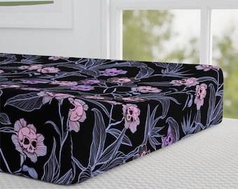 Pastel Goth Baby Changing Pad Cover, Pink & Purple Gothic Floral Stretchy Diaper Table Accessory, Spooky Cute Nursery Decor Baby Shower Gift