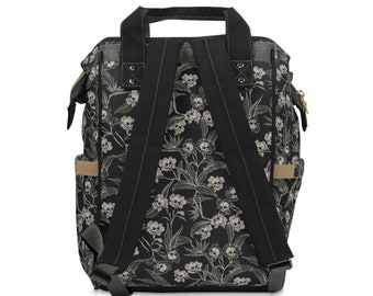 Floral Skull Diaper Bag, Gothic Flowers Nappy Backpack  display picture 3