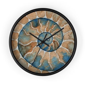 Ammonite Wall clock. Watercolor fossil blue & gold spiral clock. Artistic Beach house seashell Decor. Summery art wall hanging gift for her