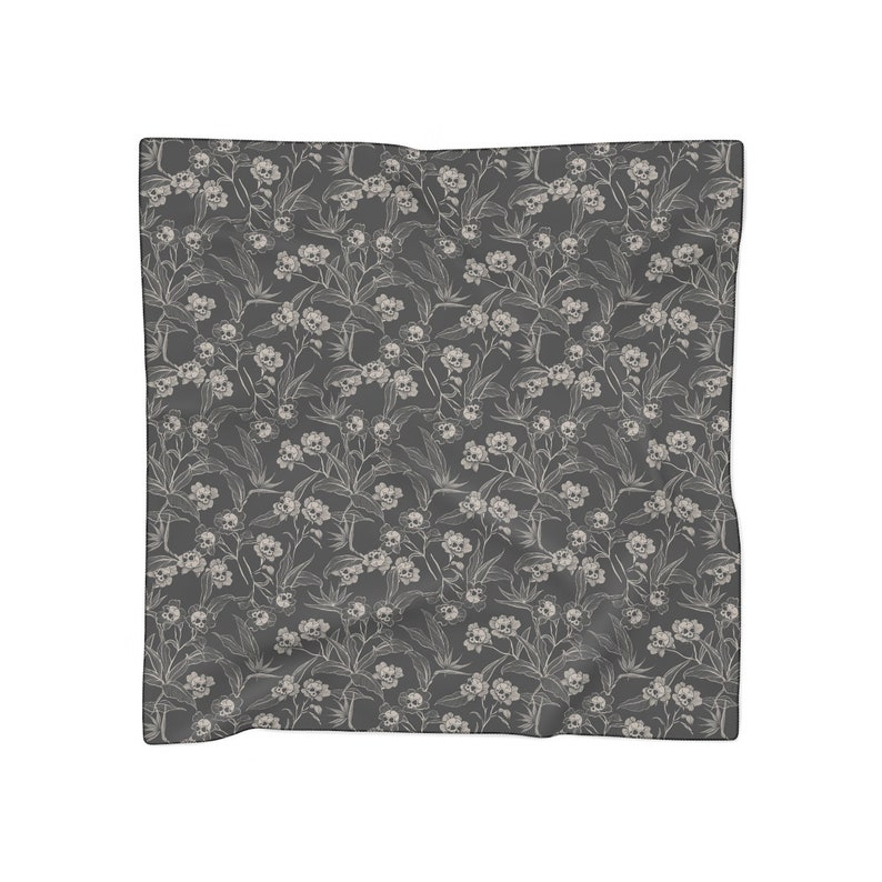 Gothic Floral Sheer Scarf, Elegant spooky tiki skull flower poly voile headscarf, altar cloth or neckwear fashion accessory in black & cream image 3