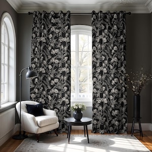 Gothic Floral Curtains, Two-piece Grommet Window Drapes w/ Moody Dark Cottagecore Skull Flower Print, Spooky Cute  botanical Home Decor Gift