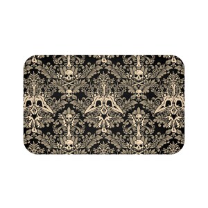 Damask Bones Bath Mat, Macabre Victorian Goth Skull shower rug in black & tan. A spooky accent to witchy bathroom home decor image 6
