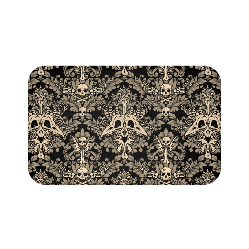 Damask Bones Bath Mat, Macabre Victorian Goth Skull shower rug in black & tan. A spooky accent to witchy bathroom home decor image 6