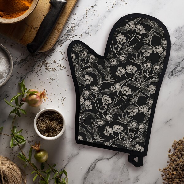 Gothic Floral Oven Mitt Glove – Elegant and Functional Witchy Dark Cottagecore Kitchen Accessory for Cooking & Baking w/ Botanical Skulls