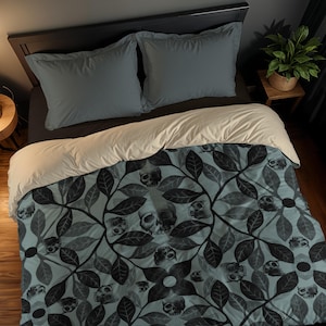Watercolor Skull Bedding, Witchy slate blue macabre goth botanical duvet cover or pillow sham, Moody Spooky esoteric bedroom decor accent