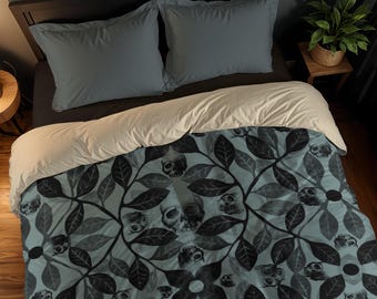 Watercolor Skull Bedding, Witchy slate blue macabre goth botanical duvet cover or pillow sham, Moody Spooky esoteric bedroom decor accent
