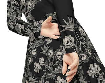 Gothic Floral Dress, Long Sleeve Skull flower Maxi Dress for the Dark & Dreamy Cottagecore Fashionista or Witchy Soul