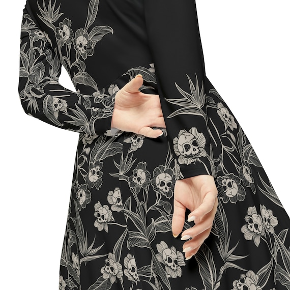Gothic Floral Dress, Long Sleeve Skull Flower Midi Dress w/ Pockets for The Dark & Dreamy Cottagecore Fashionista or Witchy Soul 2XS to 6XL