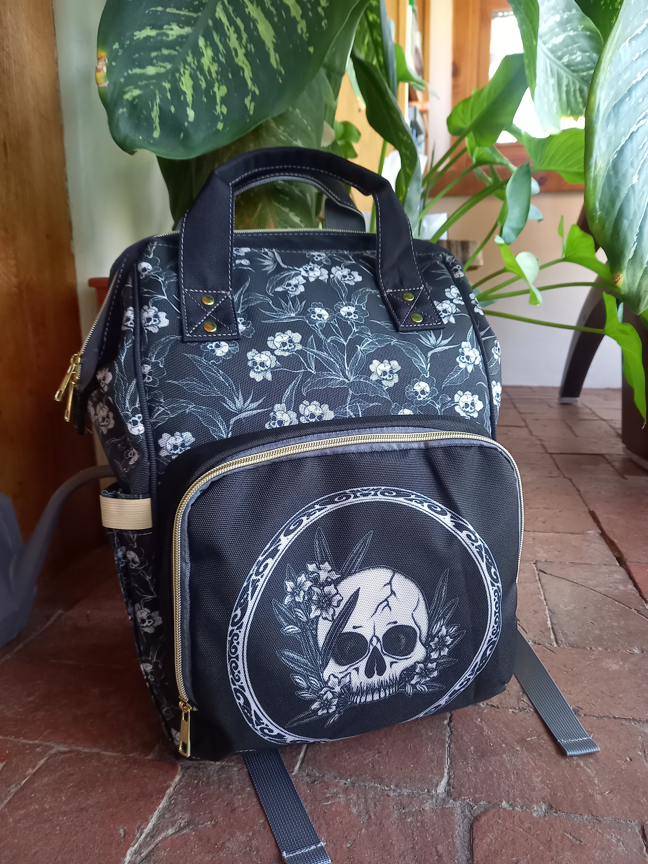 Floral Skull Diaper Bag, Gothic Flowers Nappy Backpack  display picture 3
