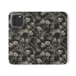 Gothic Floral Phone Wallet, Spooky Cute Vegan Leather Flip Folio Smartphone Case in Black, Dark Cottagecore Tech Accessory Protective Gear image 3
