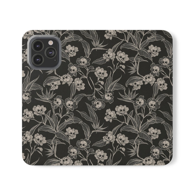 Gothic Floral Phone Wallet, Spooky Cute Vegan Leather Flip Folio Smartphone Case in Black, Dark Cottagecore Tech Accessory Protective Gear image 3