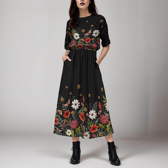Moody Floral Pocket Dress, Dark Cottagecore Elastic Waist Midi