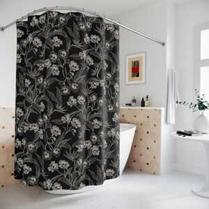 Goth Floral Shower Curtain, Spooky skull flower bath curtain, Gothic tiki bathroom decor,Witchy botanical bones home accent,Deadly beautiful image 6