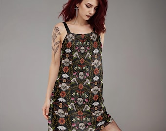 Dark Forest Cotton Dress, Gothic Floral O-ring Cami Sundress w Witchy Macabre Moth Skull & Flower Print, Enchanted Cottagecore Gift for Goth