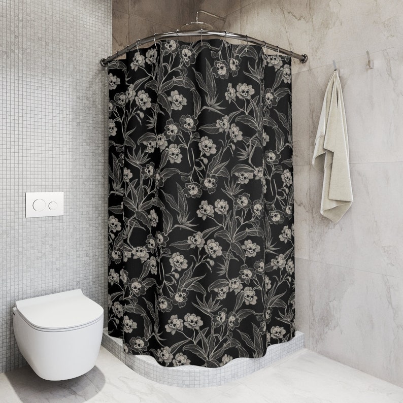 Goth Floral Shower Curtain, Spooky skull flower bath curtain, Gothic tiki bathroom decor,Witchy botanical bones home accent,Deadly beautiful image 8