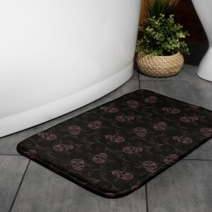 Dark Skull Bath Mat, Elegant Gothic Academia Human Skeleton Shower Rug in Black & Eggplant. A Spooky Whimsigoth Witchcore Home Decor Accent image 7