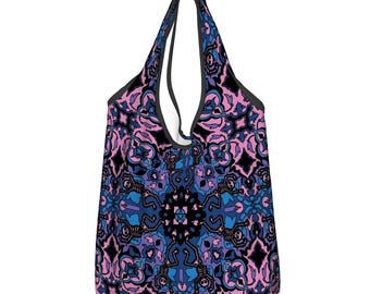 Borsa per la spesa con scheletro rosa, borsa per la spesa pieghevole e riutilizzabile in stile gotico pastello, teschi danzanti kawaii scuri in viola, regalo spettrale e carino per la mamma gotica