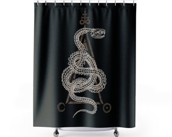 Occult Shower Curtain. Serpent skeleton & satanic symbols bathroom decor Demonic witch home decor Goth alchemy art bath curtain Black wiccan