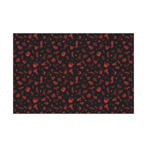 May include: A black and red seamless pattern featuring various illustrations of potion bottles, cauldrons, herbs, and other magical objects.