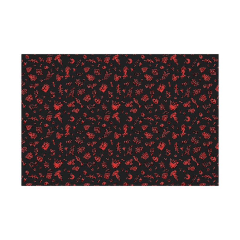May include: A black and red seamless pattern featuring various illustrations of potion bottles, cauldrons, herbs, and other magical objects.