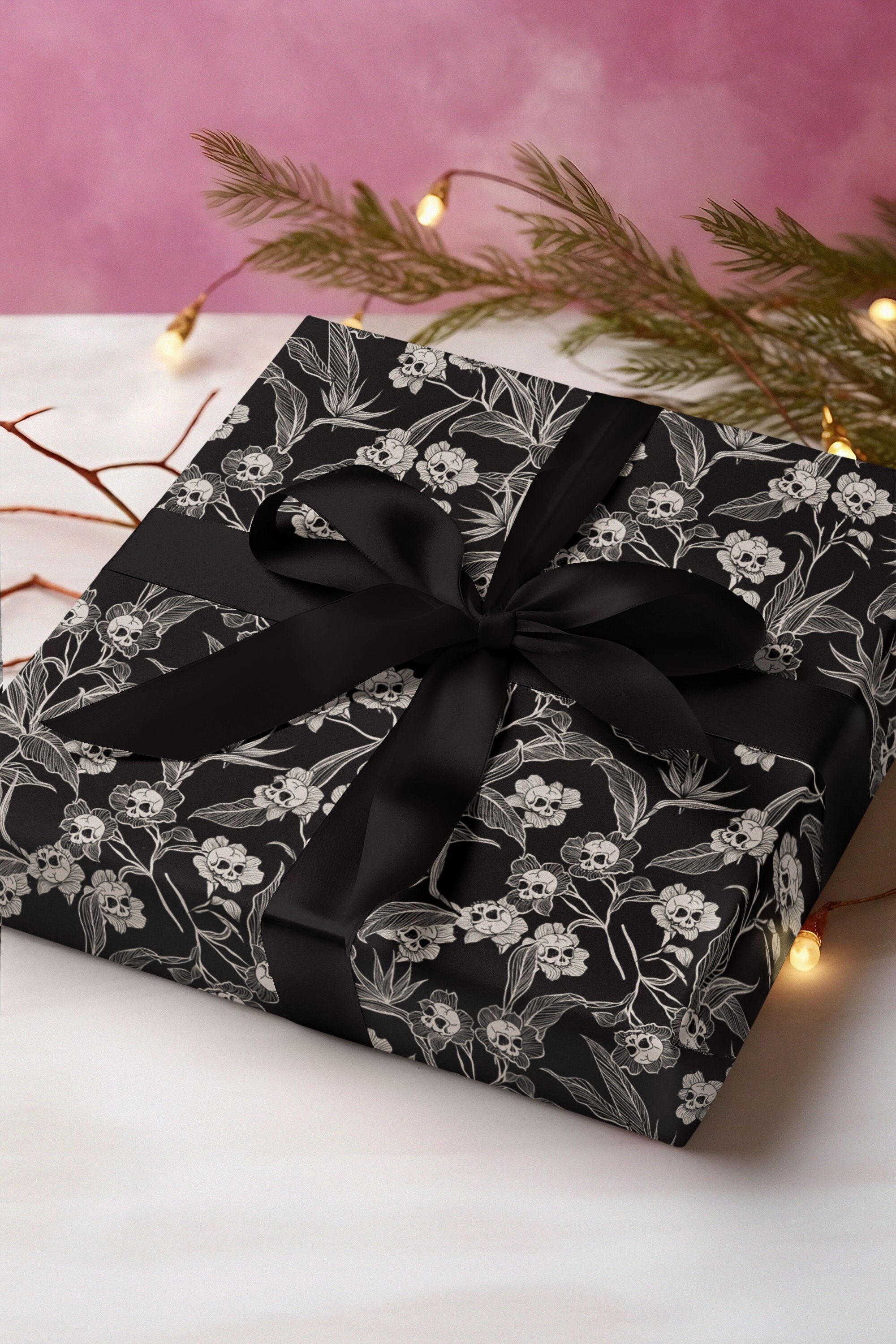 Goth Black Wrapping Paper with Purple Snowflakes