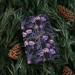 Pastel Goth Gift Wrap, Spooky yet elegant macabre floral craft or wrapping paper w/ pale pink & purple deadly beautiful skull flowers image 7