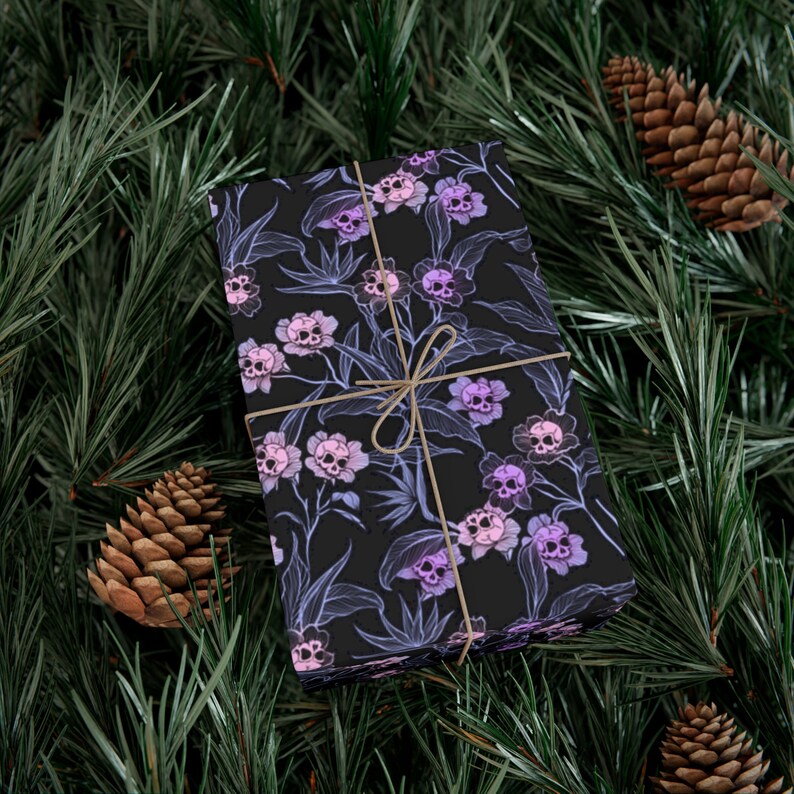 Pastel Goth Gift Wrap, Spooky yet elegant macabre floral craft or wrapping paper w/ pale pink & purple deadly beautiful skull flowers image 7