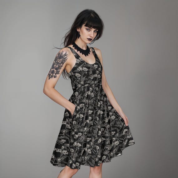blue dress for baby girl Gothic Style Short Dress with Skull Printed / Punk Sleevless Dress / Alternative Fashion main image 1