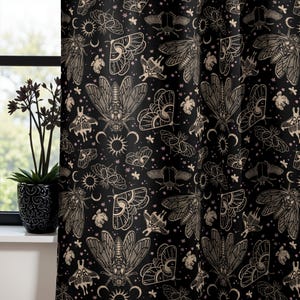 Cicada Moth Curtains, Celestial Whimsigoth Window Drapes w Moody Maximalist Occult Aesthetic, Gothic Housewarming Gift for Witchy Home Decor