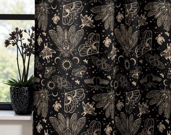 Cicada Moth Blackout Curtains, Celestial Whimsigoth Window Drapes w/ Moody Occult Aesthetic, Gothic Housewarming Gift for Witchy Home Decor