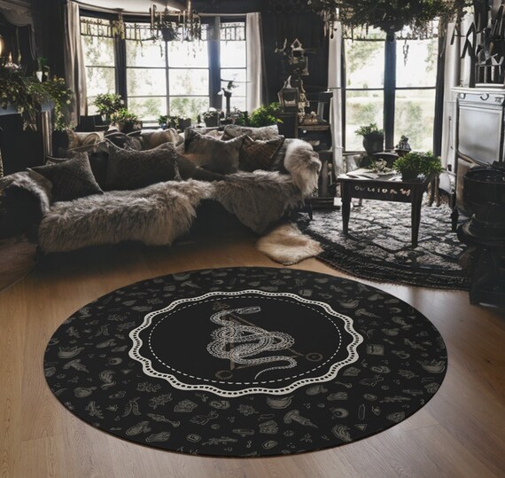Witchy Snake Rug, Occult Serpent Skeleton Round Area Carpet W