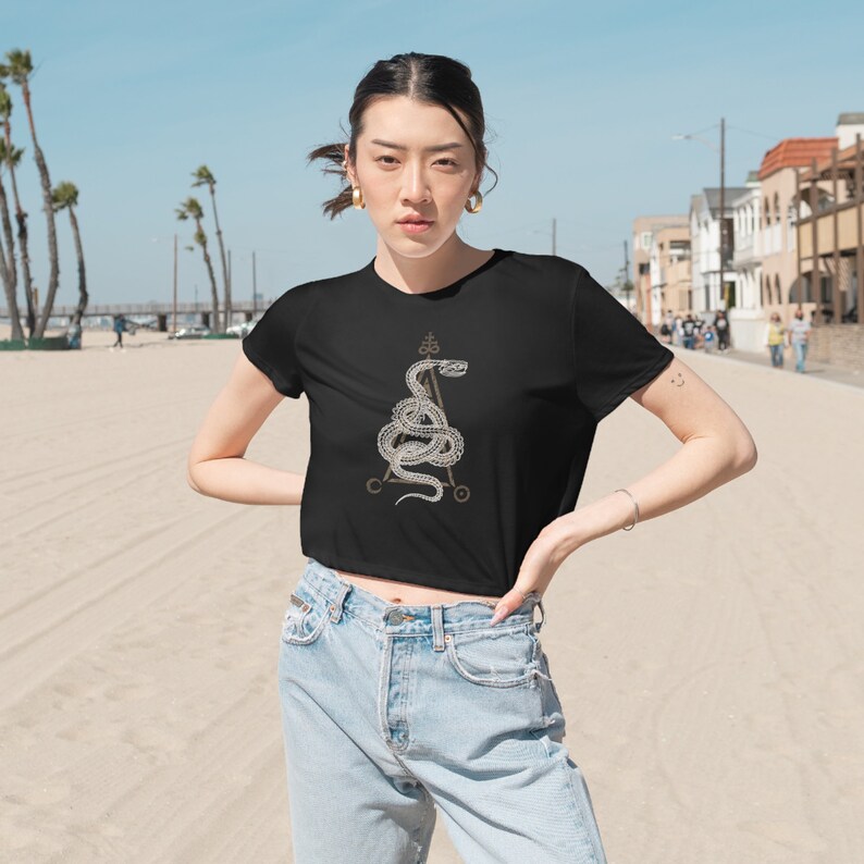 Occult Snake Skeleton Crop Top, Witchy Sacred Geometry Skull Shirt, Goth Satanic Fashion Flowy Cropped Tee, Dark Witchcore Serpent Clothing image 2