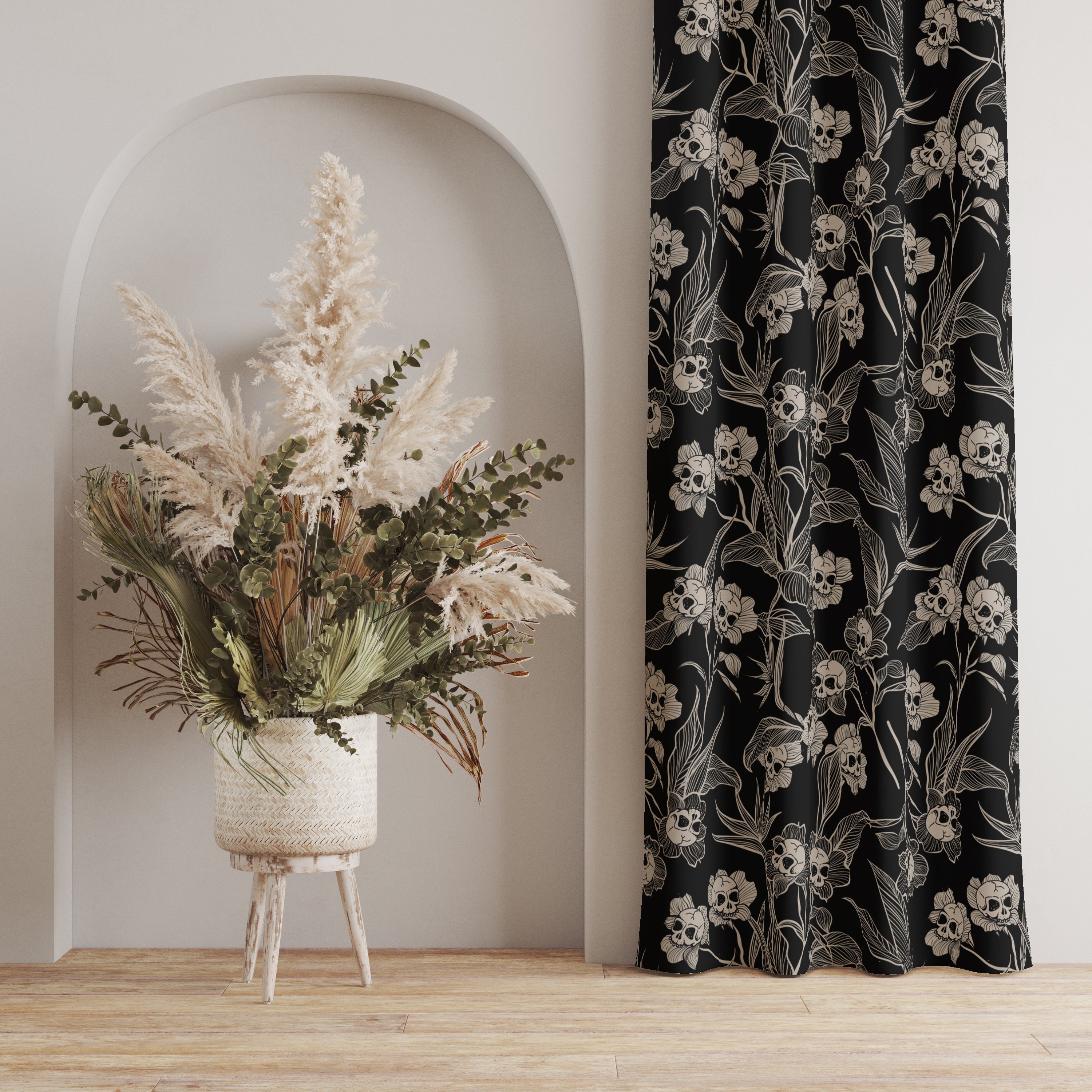 Gothic floral curtain, Elegant macabre skull flowers window curtains in blackout or sheer for a spooky accent to any dark witchy home decor