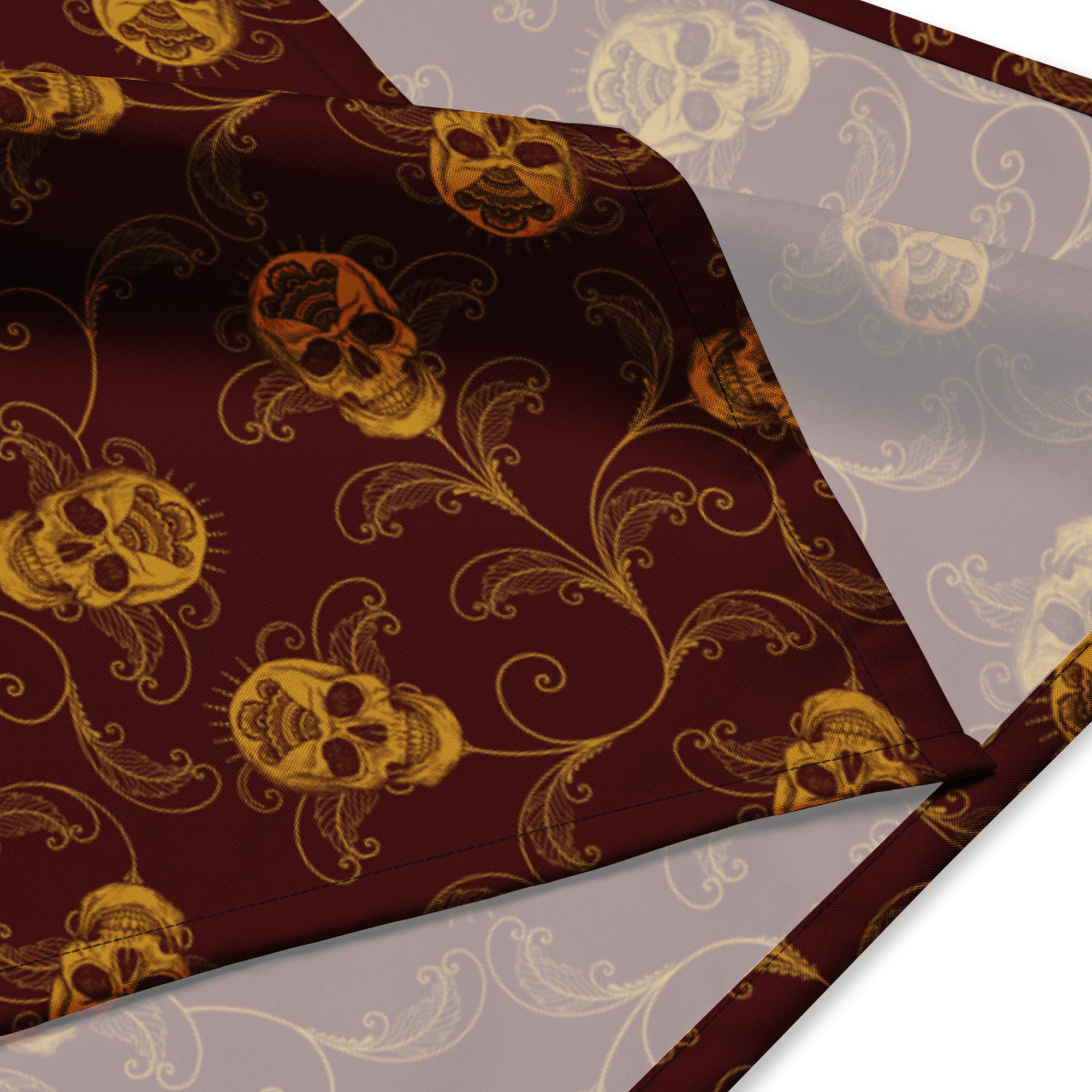 Red & Gold Skull Bandana. Versatile Filigree Goth Bones