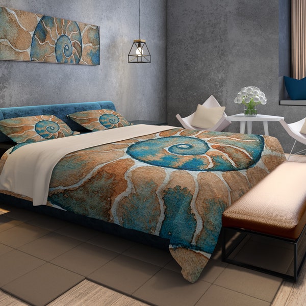 Ammonite Duvet Cover. Watercolor seashell bedding. Blue & gold fossil comforter cover. Queen beach house blanket. Artistic home decor gift