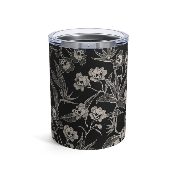 Gothic Floral 10oz Tumbler, Macabre Botanical Skull Flower Insulated Travel Mug, Spooky Tiki Dark Cottagecore Gift for Goth or Witchy Mom
