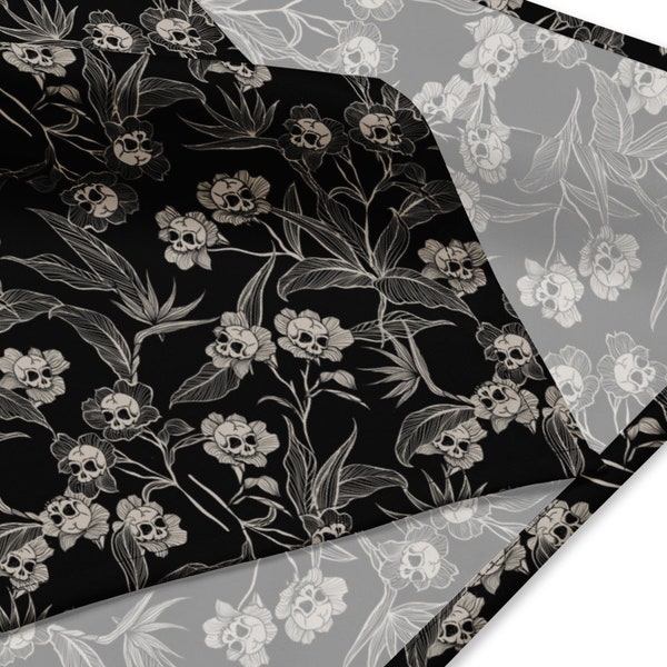 Gothic floral bandana, versatile skull flower cloth for use as witchy headscarf, tarot wrap, tiki dog collar, hankie, pocket square or scarf