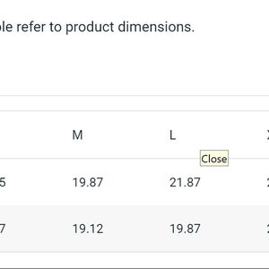 May include: Size chart showing width and length measurements in inches for sizes S, M, L, XL, and 2XL.